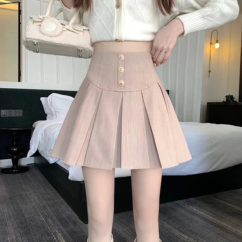 

Women Spring Autumn Summer Academy Style High Waist Commuting Pleats Versatile Buckle Short Skirt