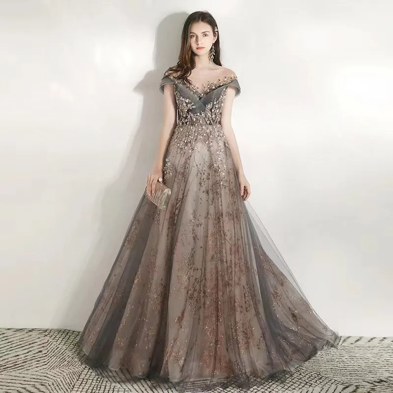 Luxury Prom Dress Off Shoulder A-Line Beading Exquisite Sequins Illusion Scoop Neck Gray Spray Gold Tulle Ceremony Evening Gowns