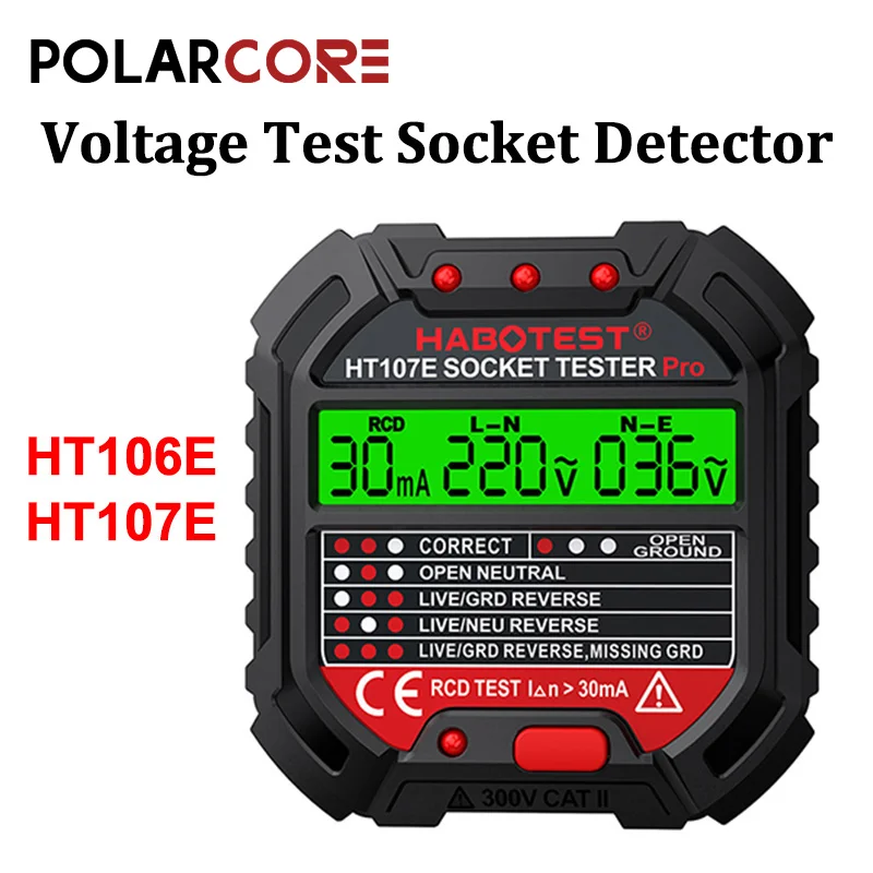 

Socket Tester HT106E/HT107E Voltage Test Socket Detector 30mA Ground Zero Line Plug Polarity Phase Check With LCD display