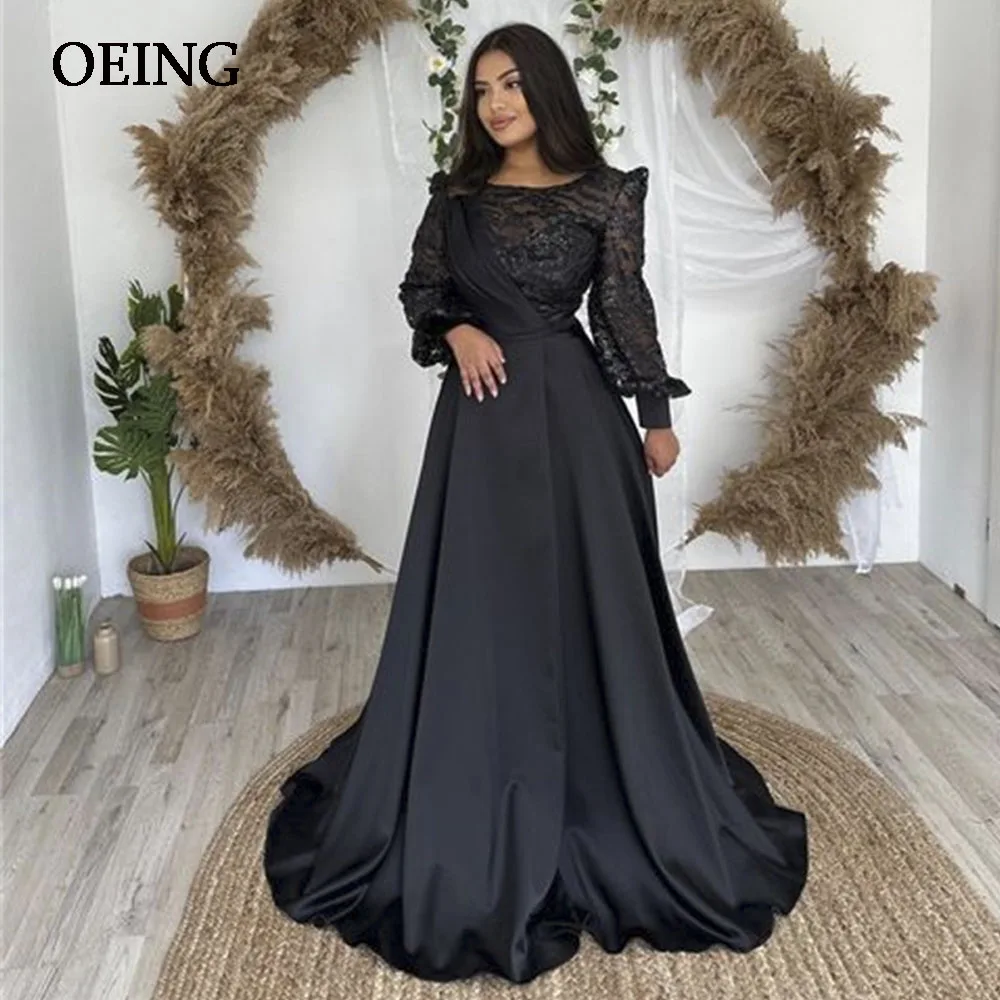 

OEING Black O Neck A Line Evening Dress Long Sleeves Pleated Prom Gown Floor Length Dresses Formal Occasion Vestidos De Fiesta