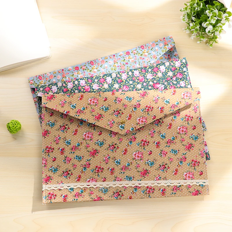 Stock Clear Korean Cute Floral Fabric File Bag A4 Size Paper Storage Bag File Folder Button School Office Supplies 1Pc