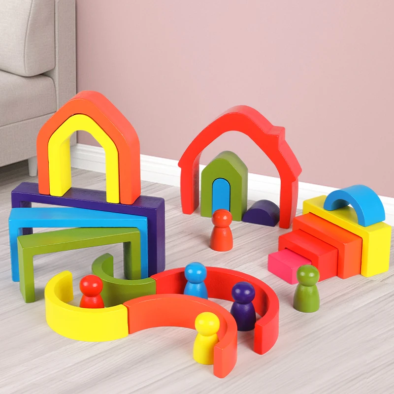 Wooden Rainbow Stacking Toys Montessori Toys Creative Baby Cognition Square/Arched Geometric Building Blocks Kids Puzzle Games 3