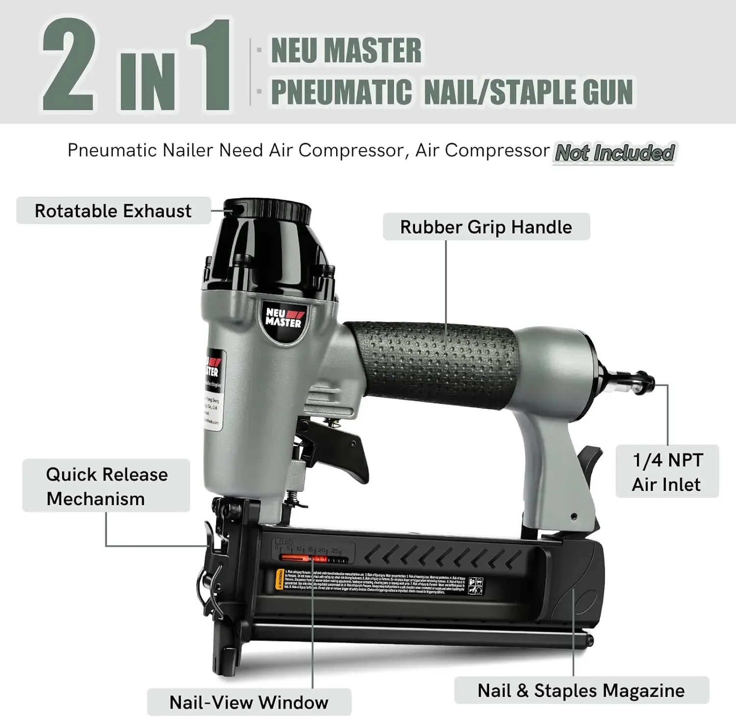 Pneumatic Brad Nailer 2 in 1 Nail Gun Staple Gun Fires 18 Gauge 2 Inch Brad Nails & Crown 1-5/8 Inch Staples