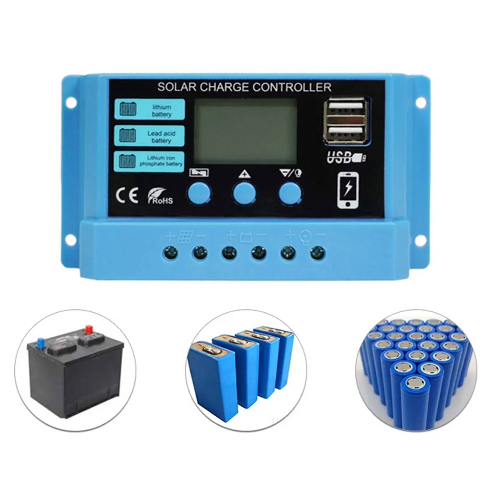 10A 20A 30A Blue PWM Solar Charger Controller 12V 24V Panel Charger Regulator Lifepo4 Lithium Battery 500W Battery Charger Solar Panel Voltage Controller