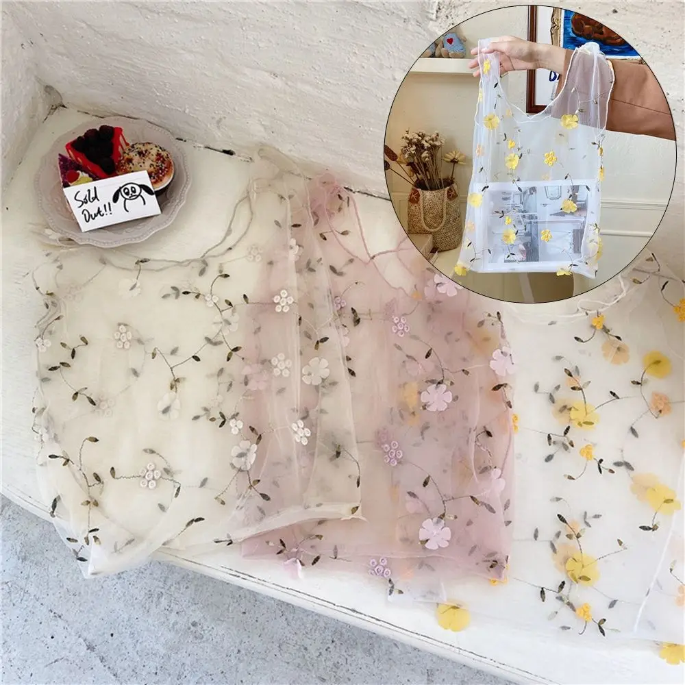 Fashion Flower Eco Mesh Handbags Shopping Tote Embroidery HandBag Transparent