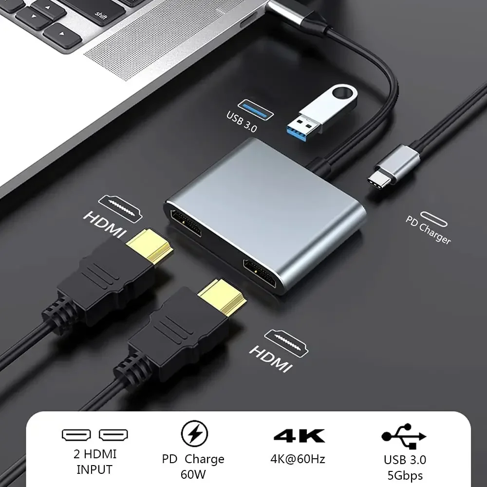 HY 디지털 노트북 확장 듀얼 스크린 디스플레이 휴대폰 USB C 허브 타입 C to 듀얼 HDMI 4K HDTV USB3.0 PD 충전 도킹 스테이션