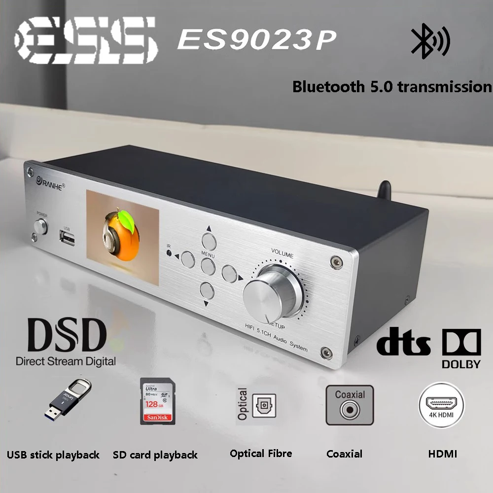 5.1 channel lossless audio decoder ES9023P DAC DSD256 DTS Dolby AC3 HIFI music turntable Bluetooth 5.0 HDMI input decoding digital audio player