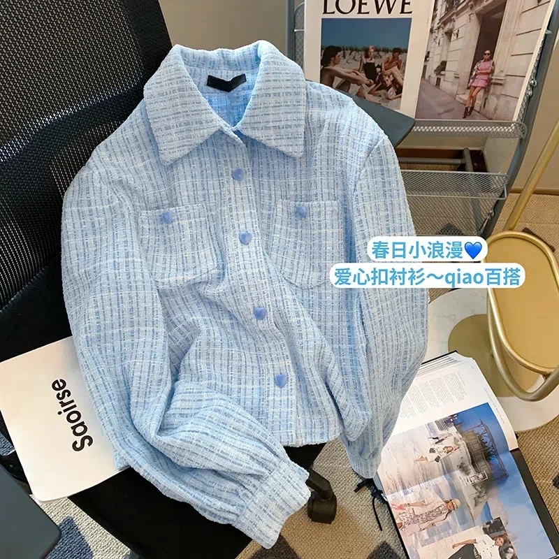 

Women Shirt 2023 Spring Summer New Casual Blue Short Blouse Top Women's Fashion Design Sense Small Crowd Versatile Button Coat