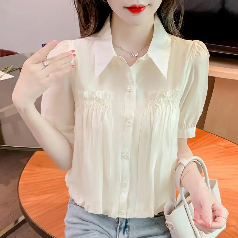 

2023 New Fashion Solid Color Button Spliced Ruffles Chiffon Shirt Women's Clothing Spring Casual Tops Loose Office Lady Blouse