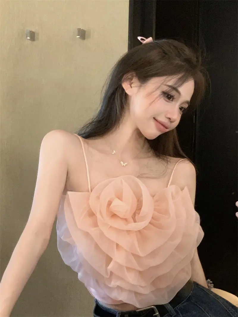 

Women Rose Floral Patchwork Short Sling Tank Tops Female Chic French Flower Suspender Tube Top 2023