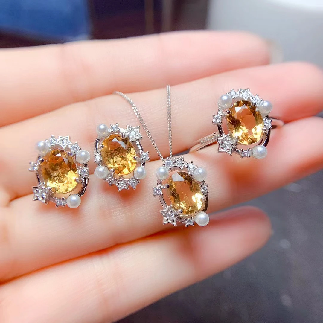 

MeiBaPJ Natural Citrine Jewelry Set 925 Silver Necklace Earrings Ring Three-pieces Suite Wedding Jewelry for Women