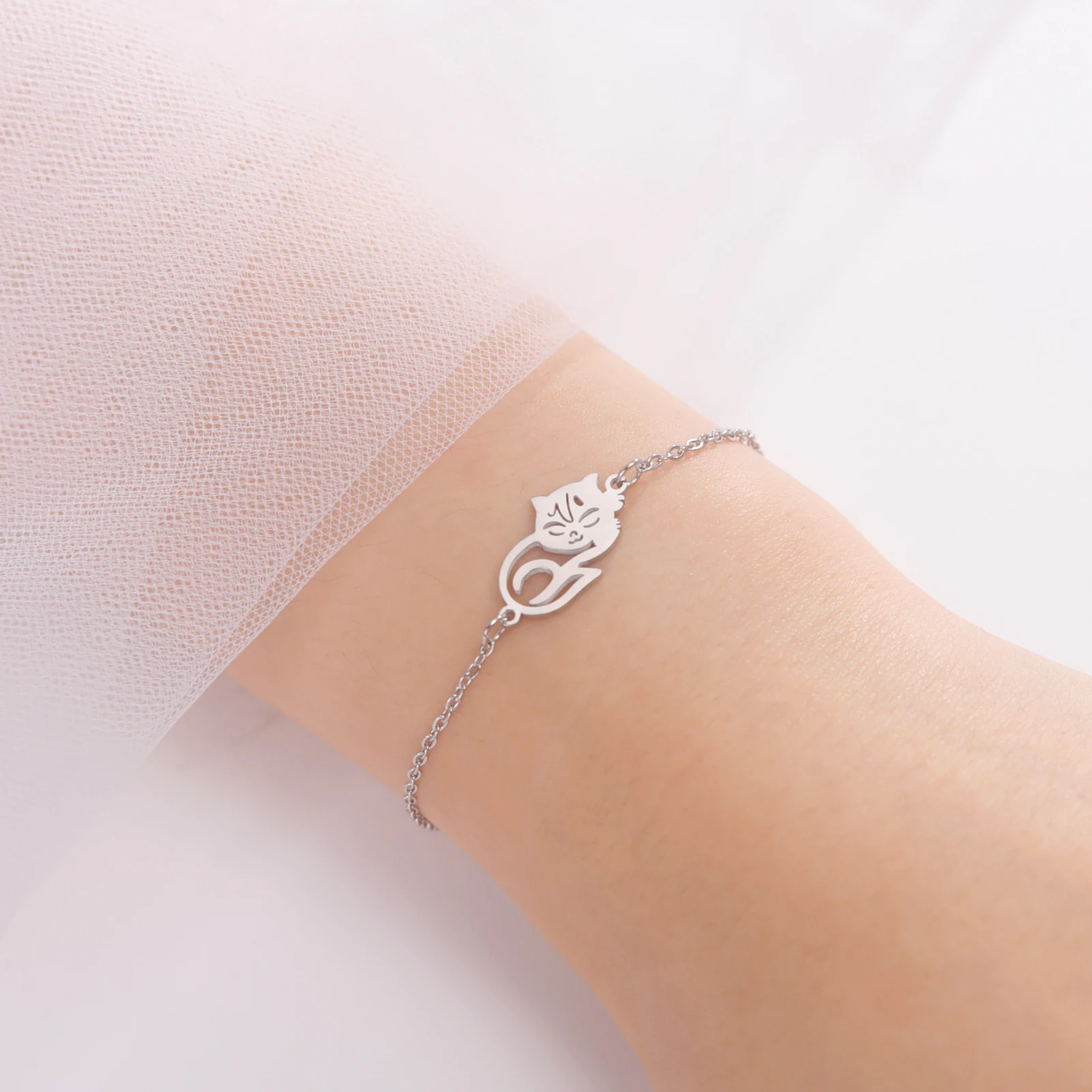 Cute Lying Cat Charm Bracelet for Women Stainless Steel Animal Kitten Wax Rope Hand Bracelet Jewelry - PeticaDeals