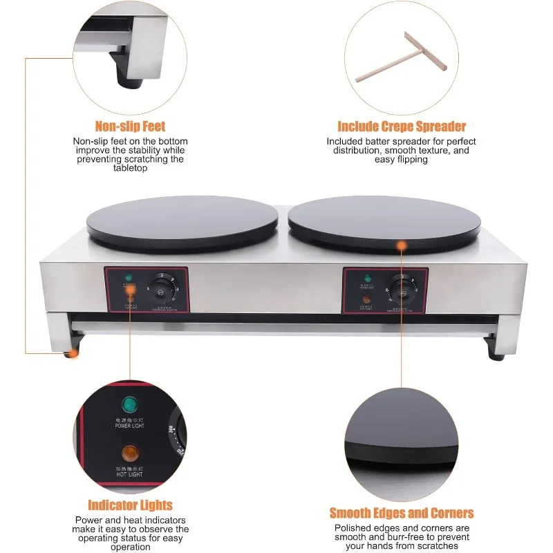 16 Inch Commercial Crepe Maker Electric Pancake Maker with Double Pan Nonstick Round Crepe Hotplate Griddle Machine 5
