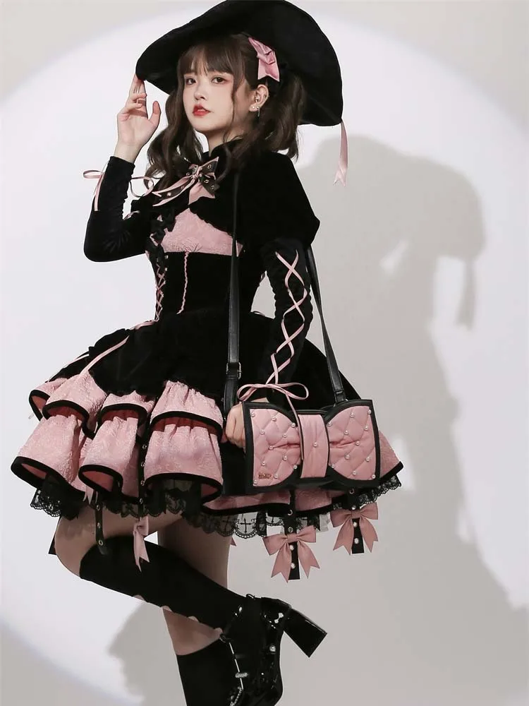 Sweet Cute y2k girl Lolita Hand bag Tote Bag Halloween Bow Pearl Bead Plaid Square PU Mini Shoulder Bags Women Handbags Autumn 3