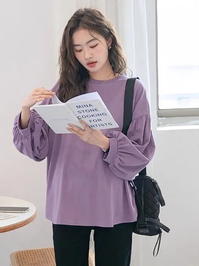 임산부용 긴팔 루즈핏 셔츠 라운드넥 랜턴 슬리브 이너웨어 스웨트셔츠 봄 가을 단색 티셔츠