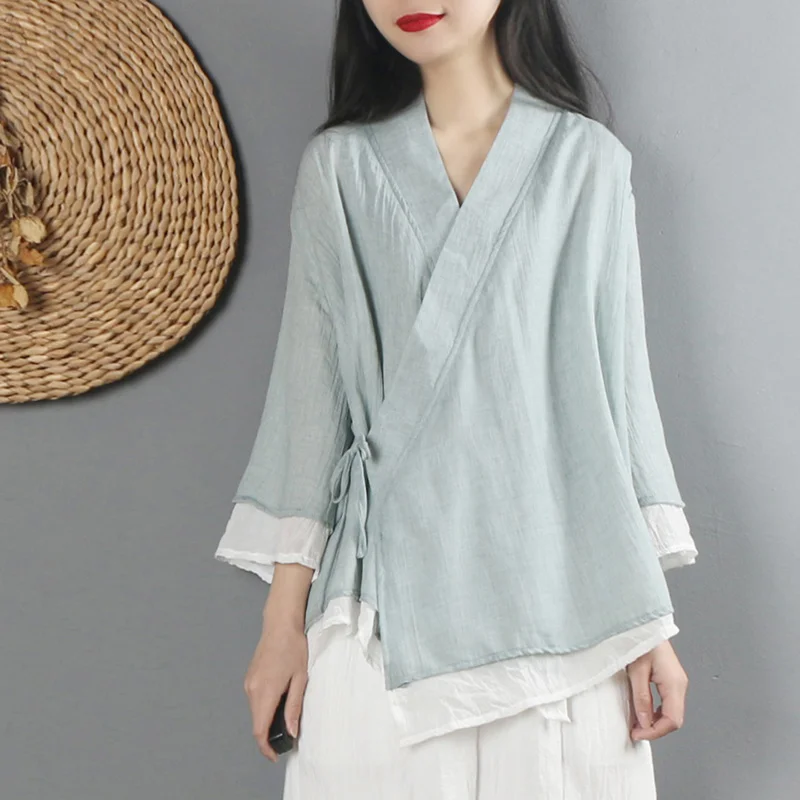 Chinese Style Ethnic Harajuku Zen Tops Clothes Women Cotton Linen Solid Vintage Tang Suit V Neck Loose Spring Blouse Thin Hanfu women chinese shirt