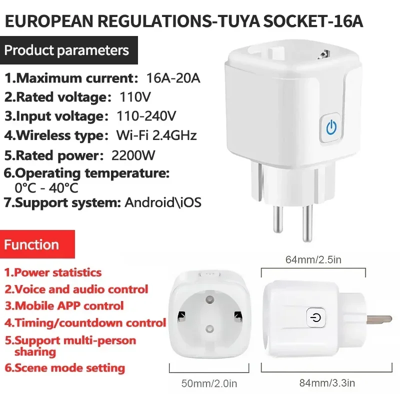שקע חכם של טויה עם WiFi, תקע אירופאי 16A 20A, עם ניטור צריכת חשמל, אפליקציית Smart Life, שליטה מרחוק, עובד עם Alexa, Google Assistant ואליס.
