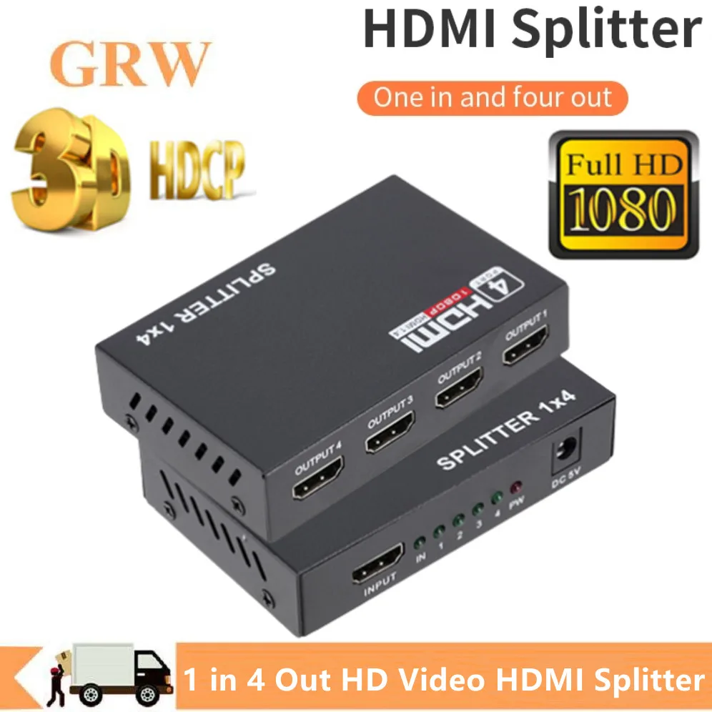 

GRWIBEOU HDMI-compatible Splitter HDCP 1 in 4 out Power Signal Amplifier 3D 1080P 1x4 Audio Spliter Switch HD Converter Adapter