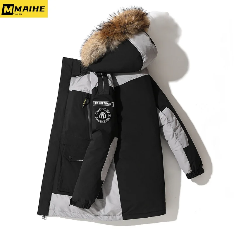 2023 winter fur collar hooded long down jacket men Korean version of fashion white duck down warm coat couple mountain ski wear