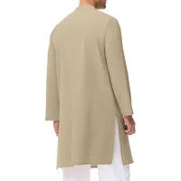 Mens Muslim Cotton Thobe Long Sleeve Side Slit Button Up Robe Traditional Ethnic Clothing