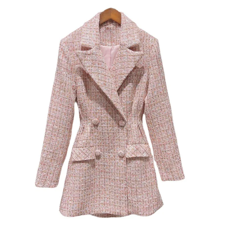 

High Quality New Long Blazer Dress 2023 Spring Style Women Notched Collar Hollow Out Backless Causal Apricot Dress Outfits