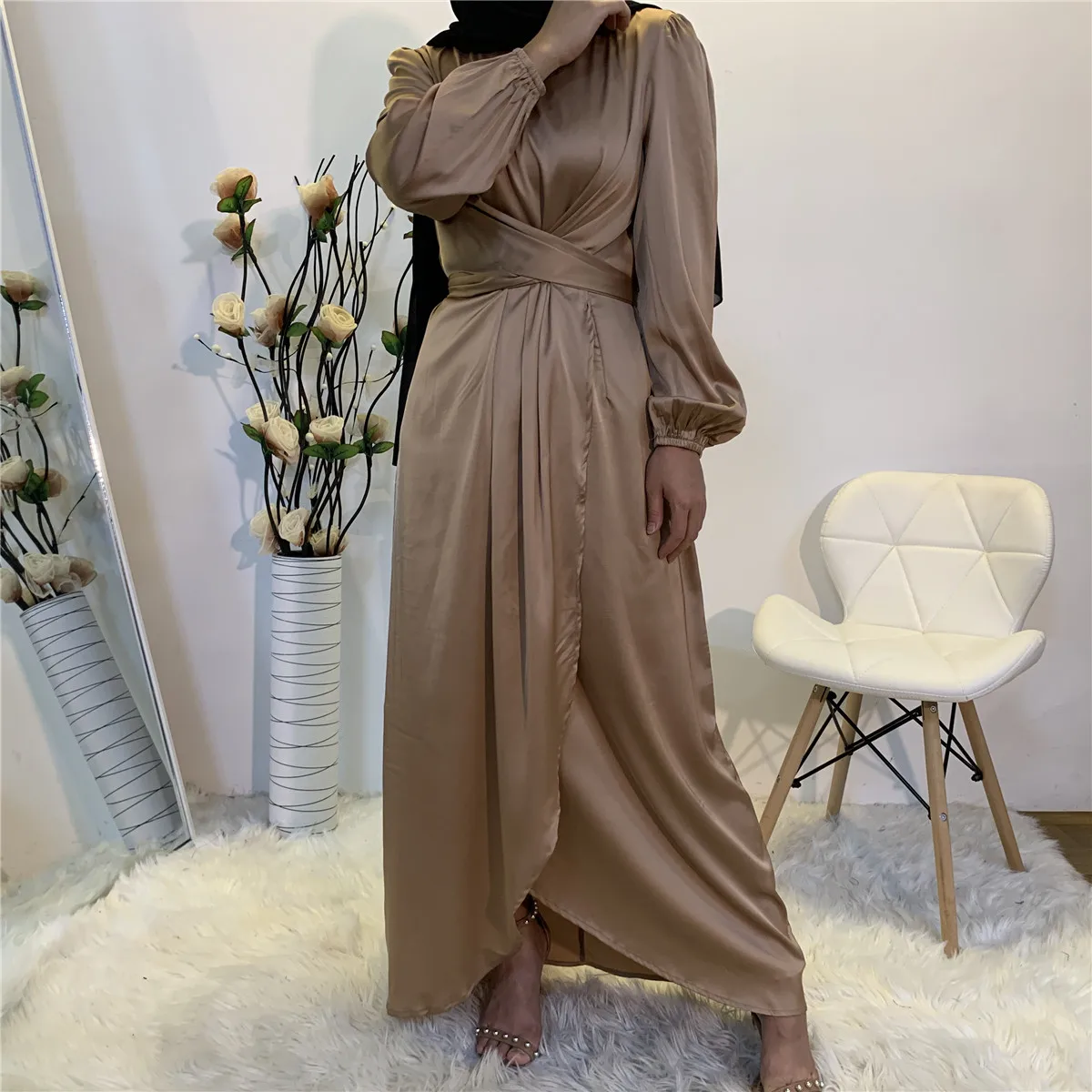 

Eid Turkey Muslim Party Dress Satin Fake Two Piece Dress Women Bandage Lace-up Hijab Abaya Vestidos Moroccan Kaftan Robe 2023