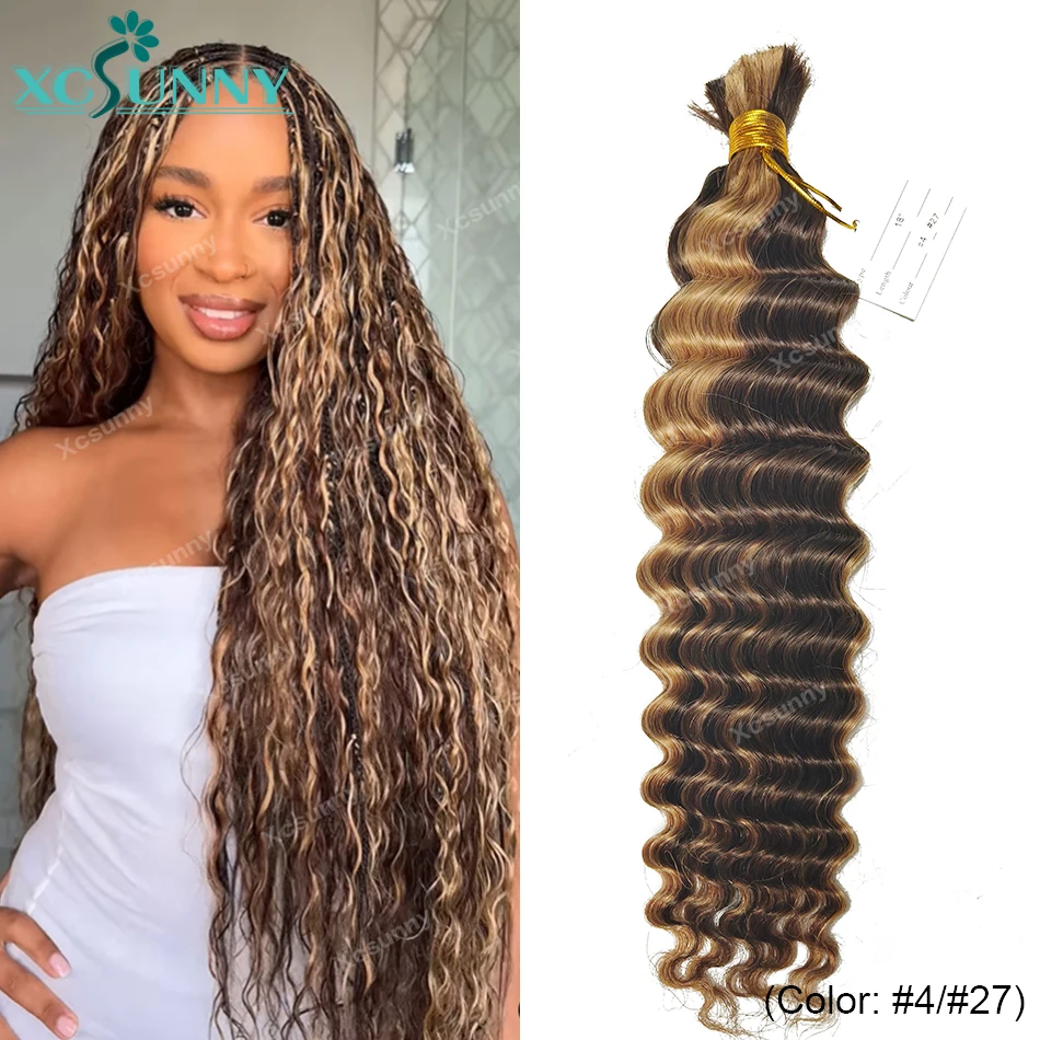 4 27 30 Human Hair Braiding Hair Bundles Deep Wave Bulk Hair For Boho Braids Human Hair Extensions Double Drawn 4