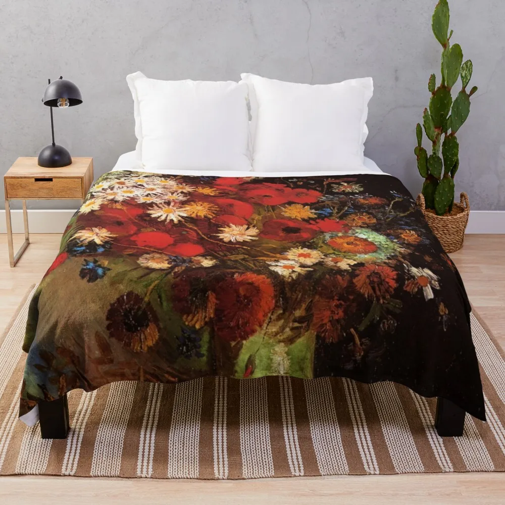 

Vincent van Gogh's Vase with Poppies, Cornflowers, Peonies and Chrysanthemums Throw Blanket Loose Blanket Blanket Luxury