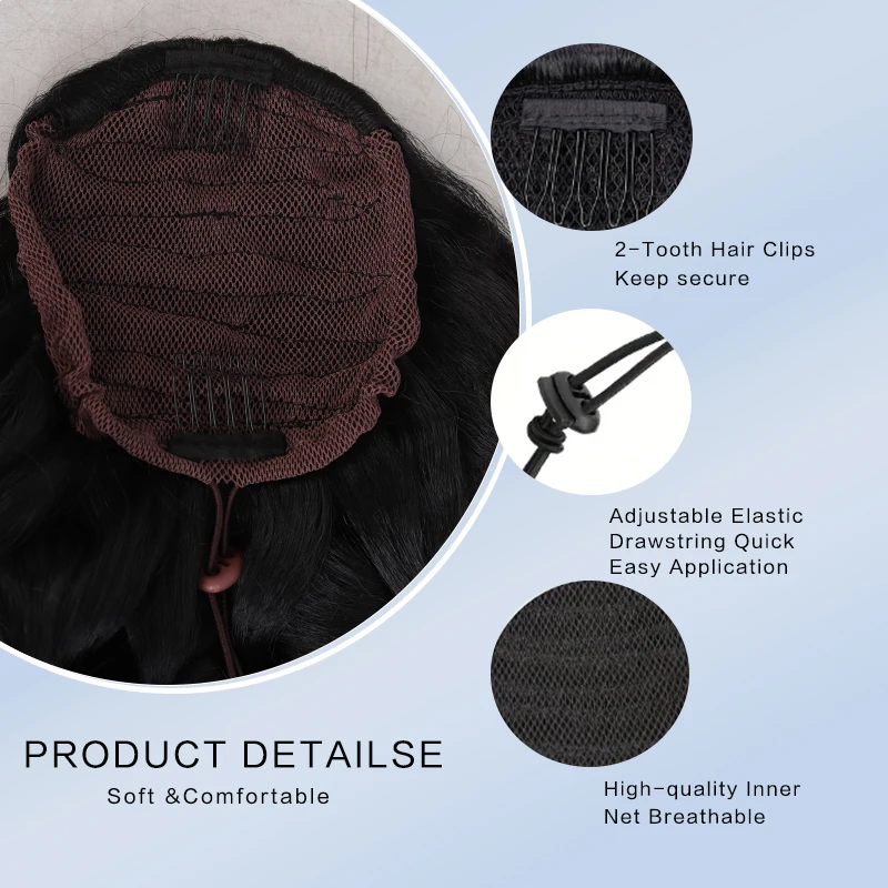 LUPU 20 inch Long Wavy Synthetic Ponytail, Drawstring Roman Curly Ponytail, Wine Red, Suitable for Women's Daily Wear