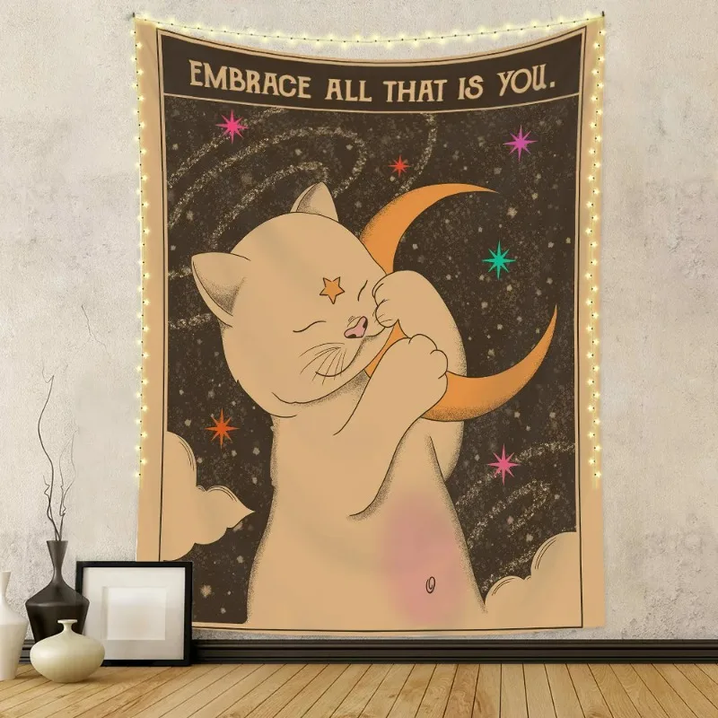 

Sun Moon Tarot Tapestry Wall Hanging Boho Tarot Cat Kawaii Room Decor Psychedelic Hippie Tapestry for Kids Room Bedroom Wall Art
