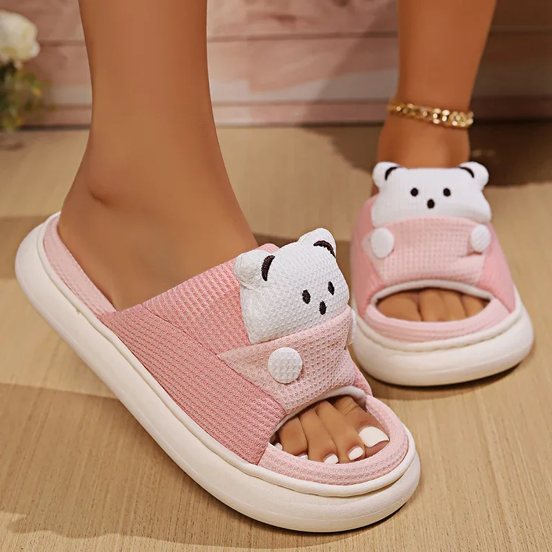 Cute Cartoon Bear Linen Slippers Women Breathable Sole Four Season Indoor Comzy Plus Size 45 Unisex House Slides Shoes