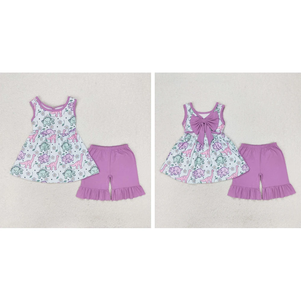 

wholesale summer hot sale western boutique clothing baby girls clothes Flower dinosaur purple bow sleeveless shorts outfits