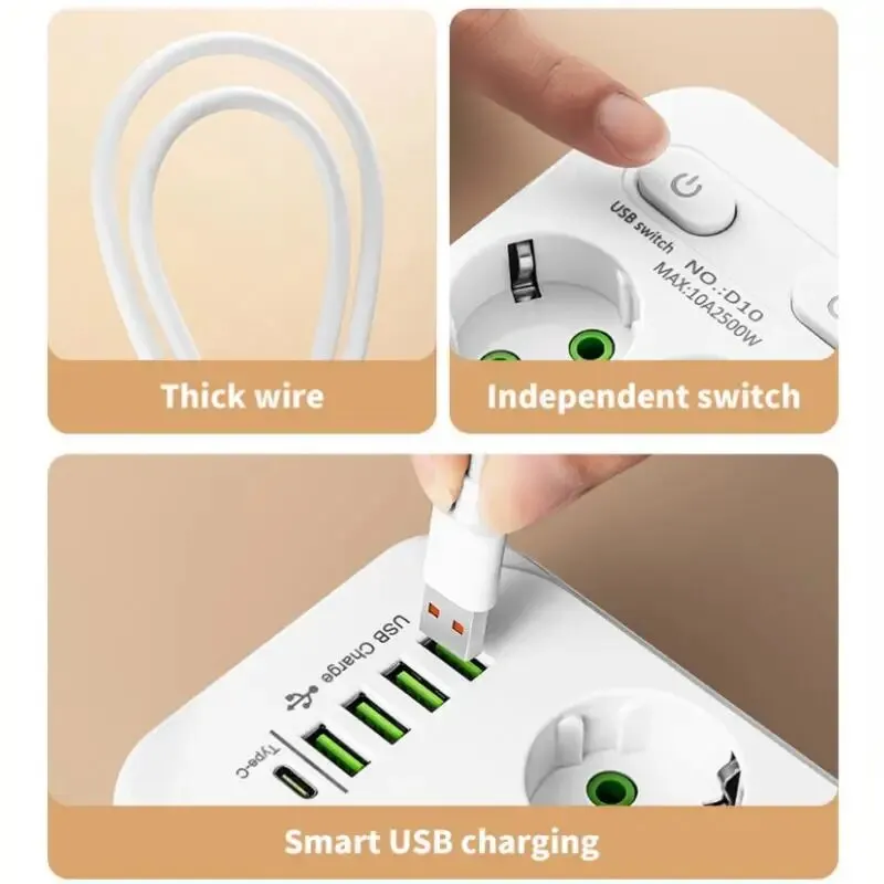 EU Plug AC Outlet Multitap Power Strip power strip 2m Extension Cord Electrical Socket Smart USB Home Office Surge Protector Network Filter