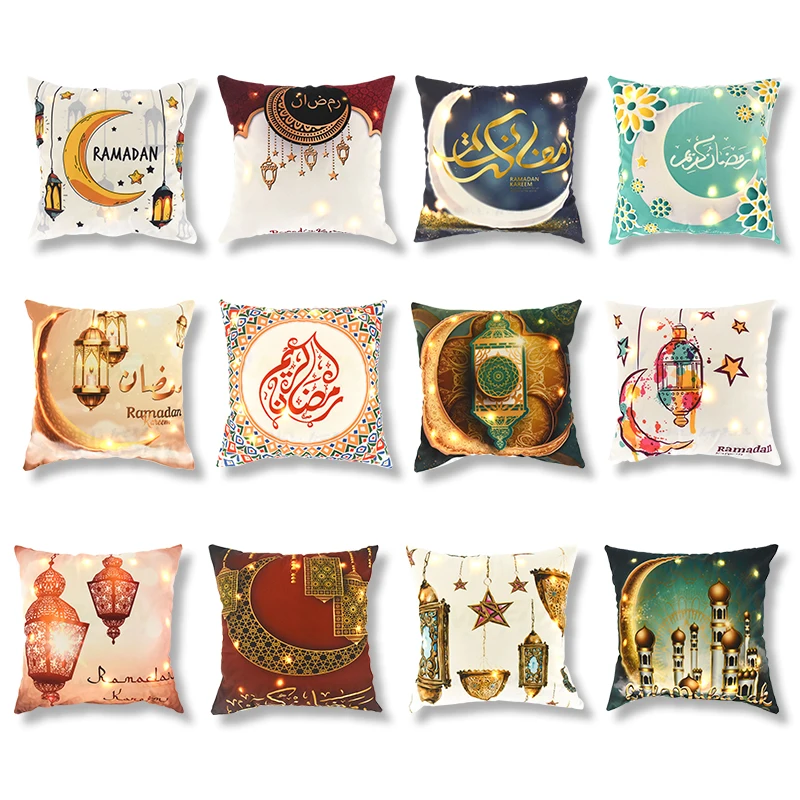 

45CM Eid Mubarak Pillowcase Decor LED Glowing Cushion Cover Ramadan Kareem Islam Muslim Home Decoration 2023 Gifts