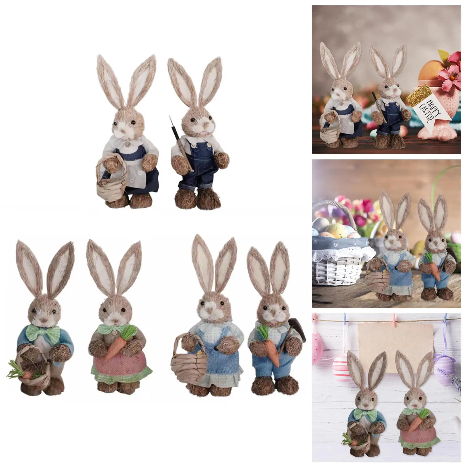 2Pcs Straw Easter Decorations Bunny Statues with Clothes Animal Standing for Floor home and indoor Party Wedding