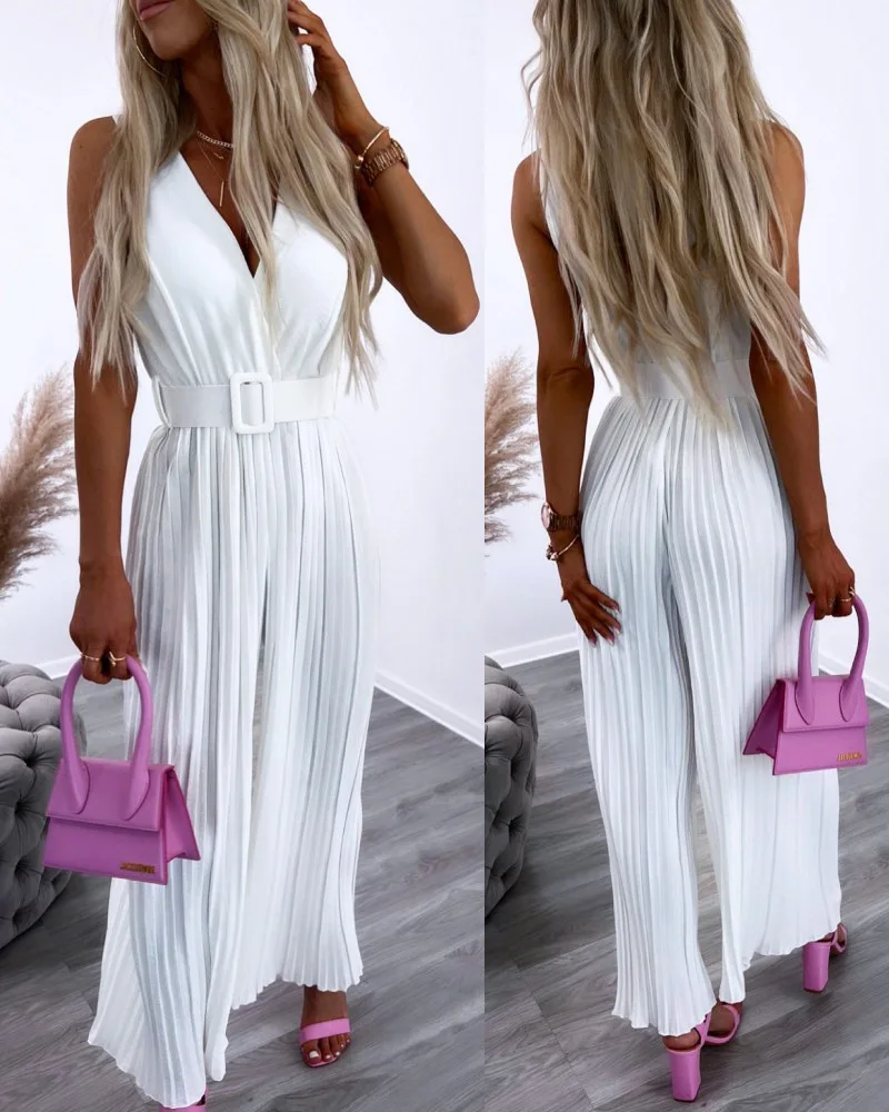 Jumpsuits Woman 2023 Summer Fashion New V-Neck Sleeveless Wide Leg Pleated Elegant Work One Pieces Jumpsuit Street Wear Clothing