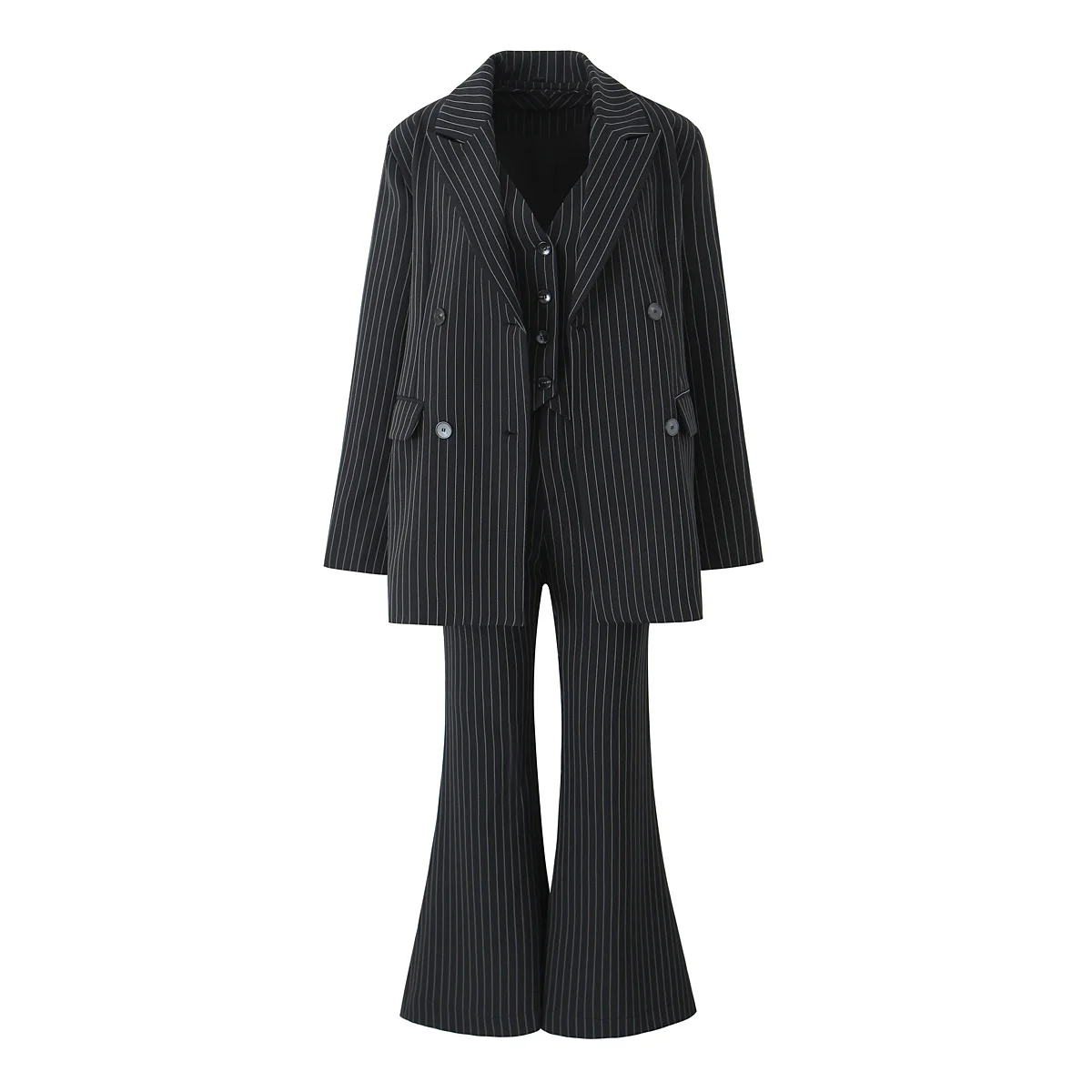 Spring Black Striped Oversized Blazer Women Loose Notched Full Sleeve Suits High Waist Long Flare Pants Halter Tank Tops