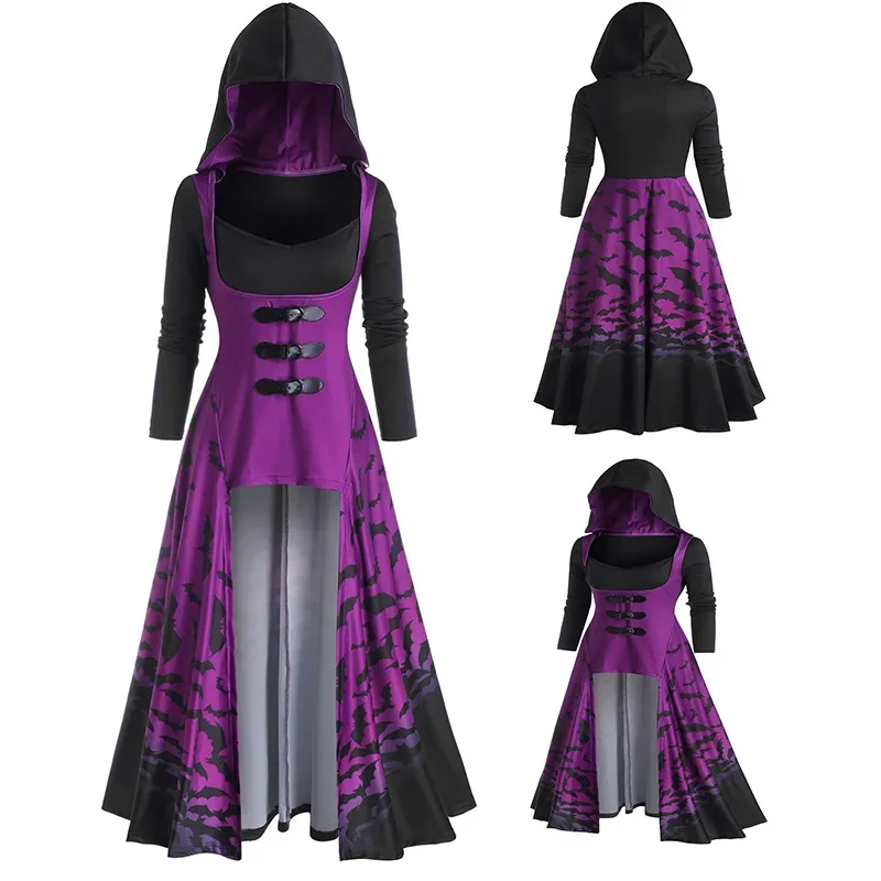 

Gothic dress womens mid length cloak dress printed bat buckle Goth dress bat