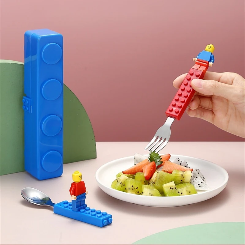 Children Building Block Fork Spoon Set With Storage Box Children Stainless Steel Tableware Jigsaw Toys Utensils Gifts stainless steel cutlery set fork spoon set baby cutlery