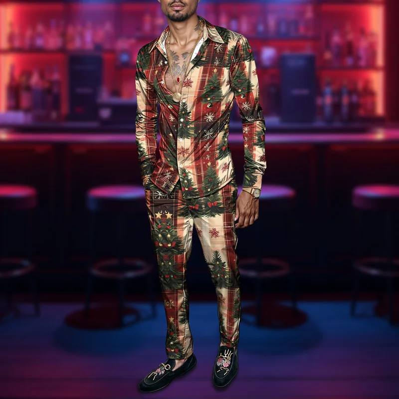 2025 Fashionable Spring Summer Men Shirt Set Christmas Print Fashion Gingerbread Man Two Piece Set Mens Snowman Lightweight_voghion.com
