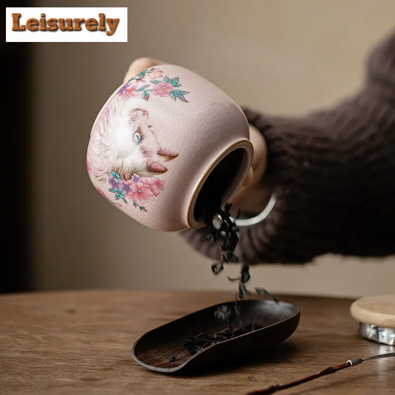 Pink Ru Kiln Flower Cat Tea Box Organizer Moisture-proof Vintage Storage Tank Containers Tea Caddy Cafes Accessories Decoration