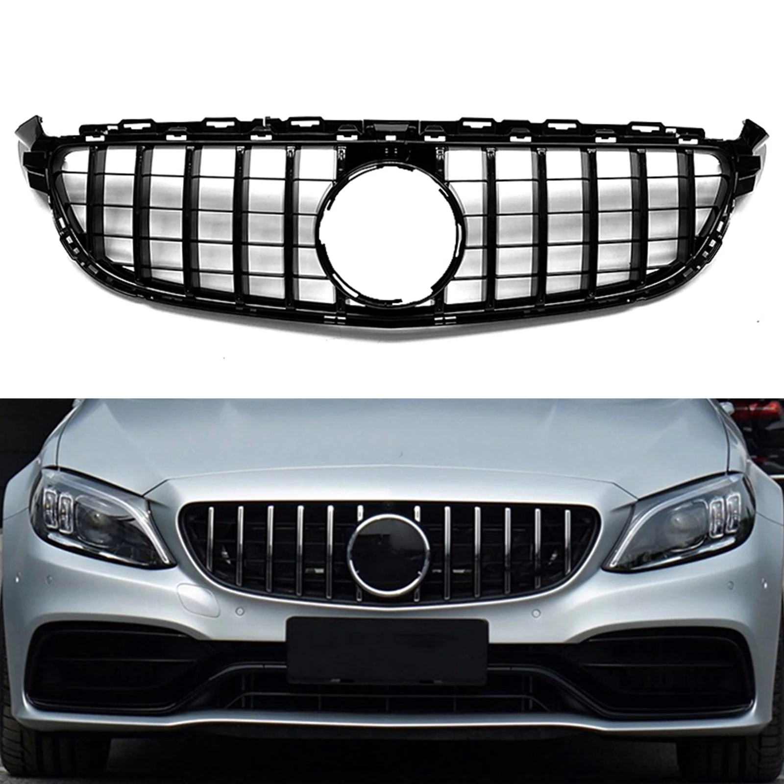 

Front Grille For Mercedes Benz W205 C63 C63S AMG 2015 2016 2017 2018 GT R Black/Silver Car Upper Bumper Hood Mesh Grill Grid Kit