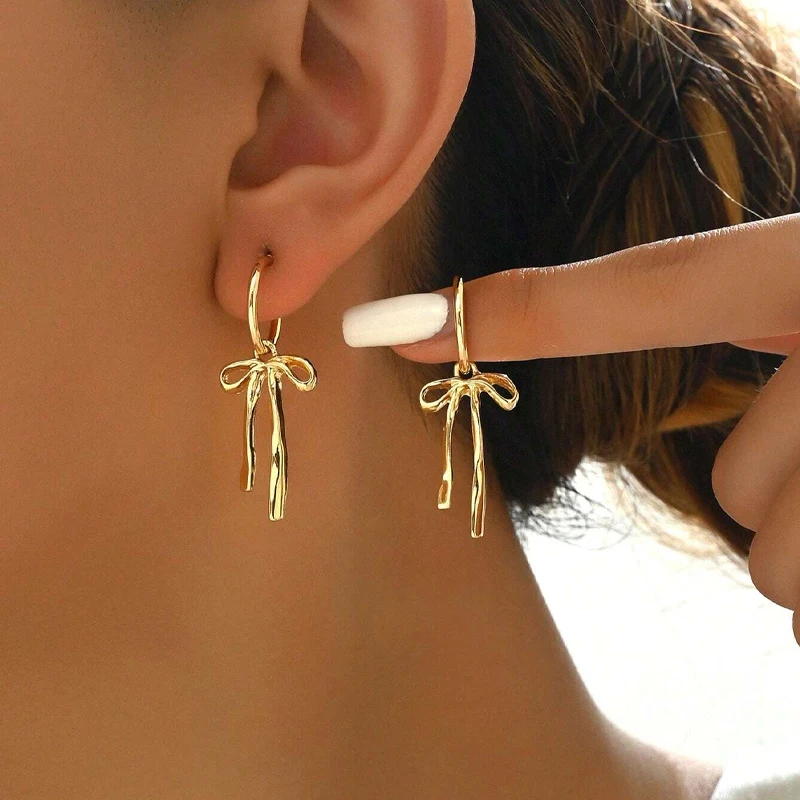 Bowknot Earrings Retro Soft Versatile Gold Color Tassel Stud Earring Jewelry for Daily Wear By Women Gifts