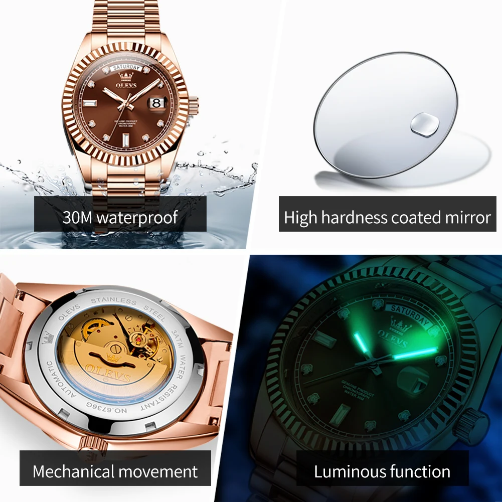 OLEVS 6736 Men's Mechanical Watch Fashion Business Sports Big Dial 45mm Sapphire Mirror Waterproof Automatic Wristwatch