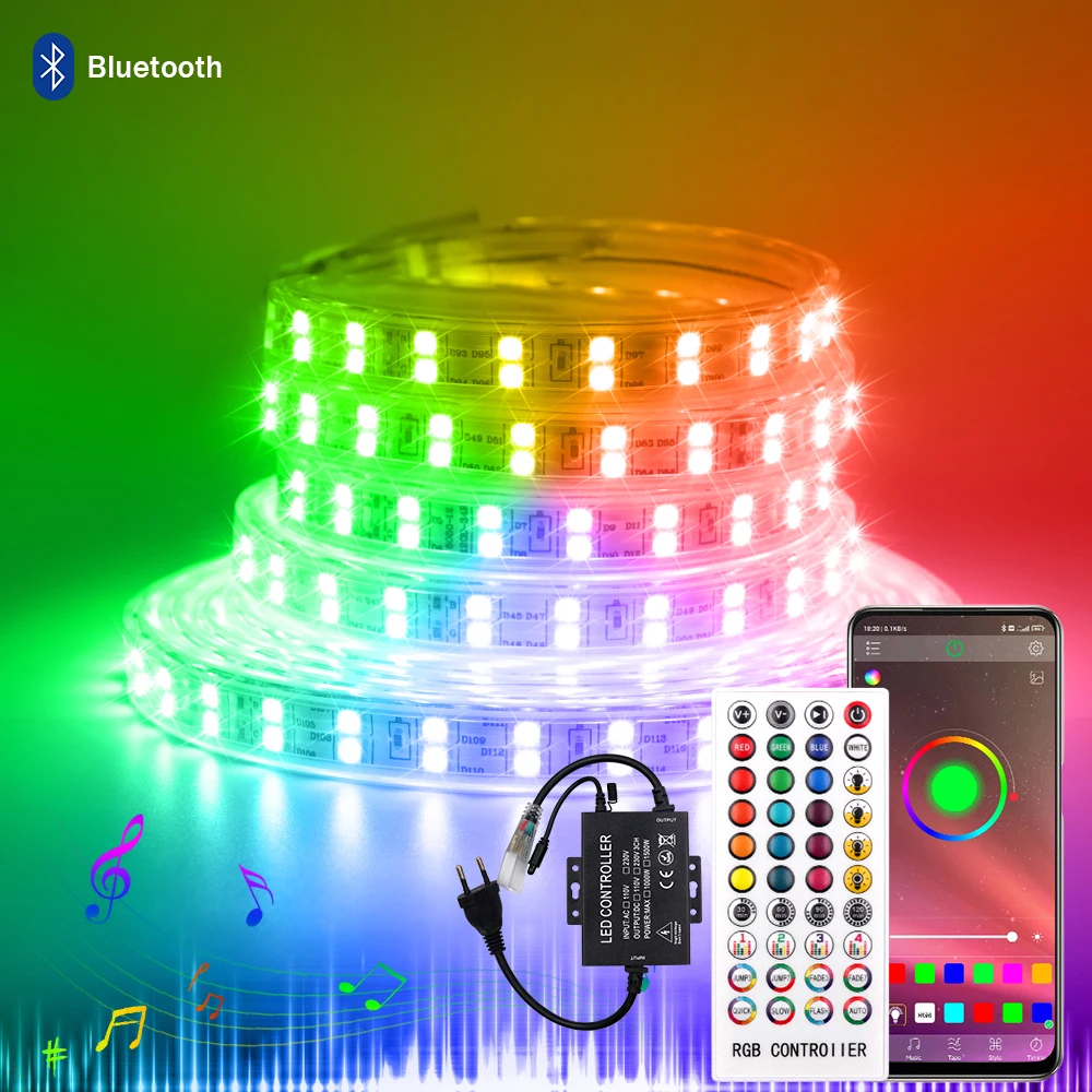 

220V LED Strip Light Double Row 5050 RGB LED Tape Bluetooth Music Controller Waterproof Ribbon Outdoor Decoration Lighting