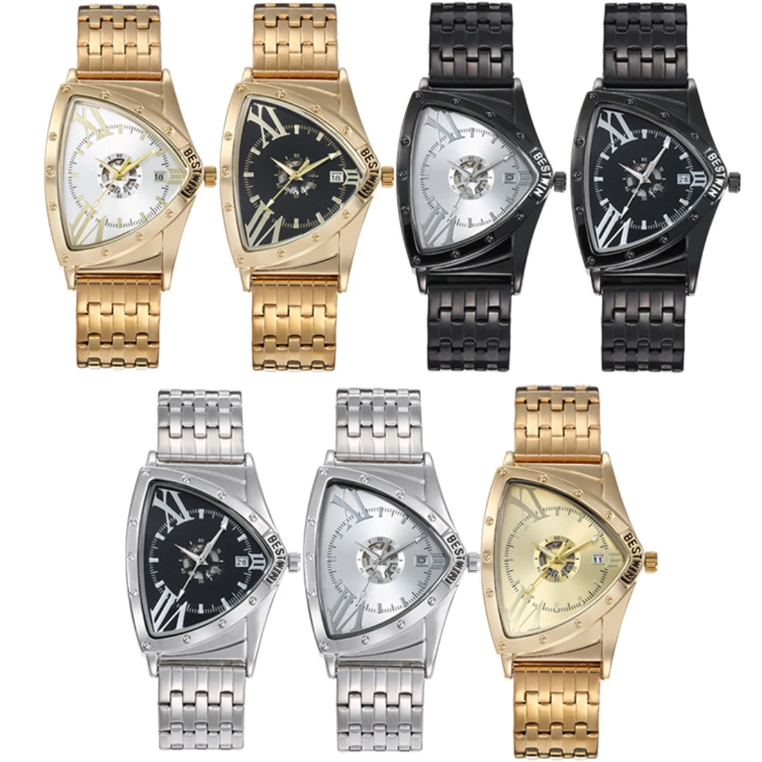 

Luxury Men Watch Golden Men's Quartz Wristwatch Classic Brand Gold Black Triangle New Conceptual Dial Watches Business Man Clock
