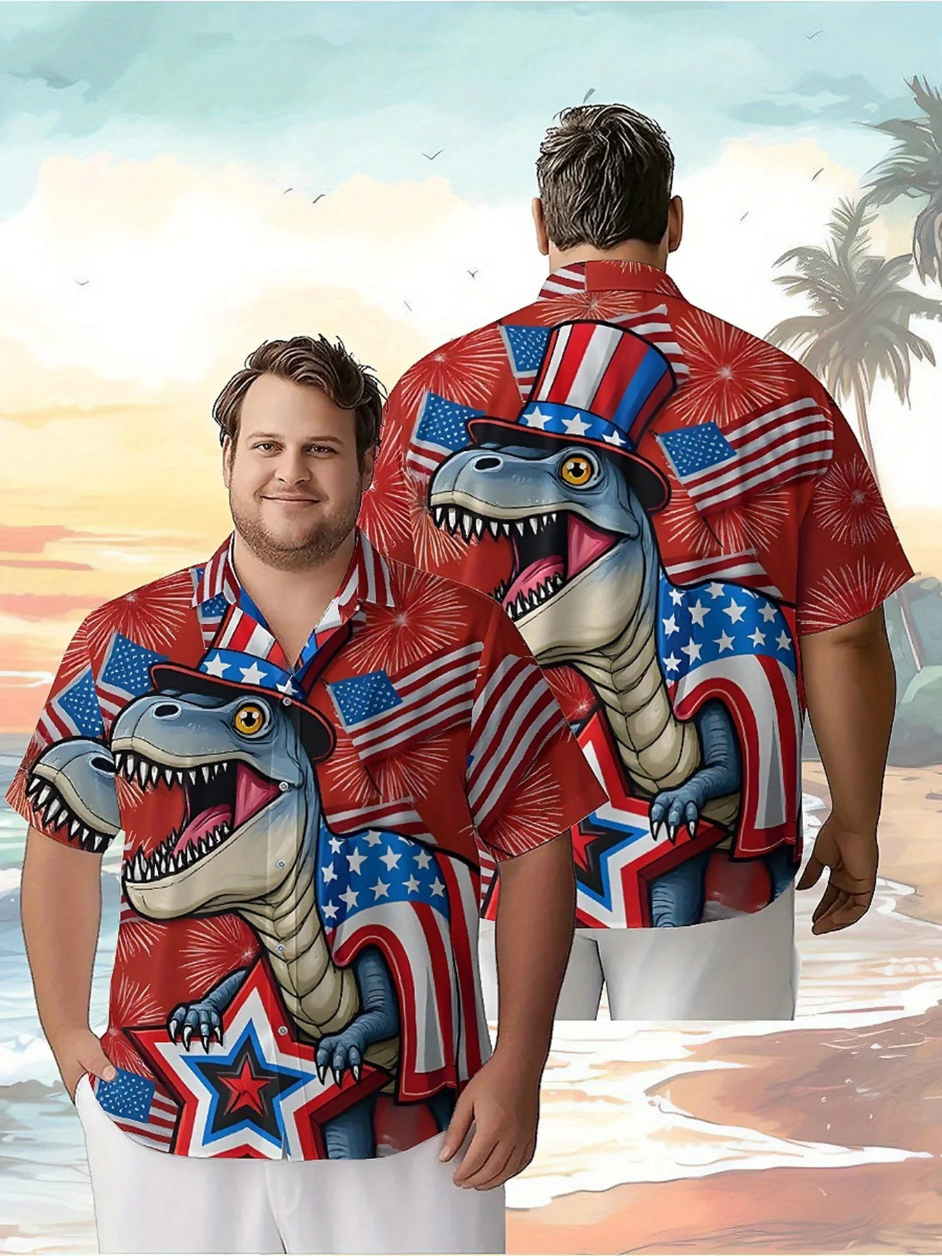 Men's Plus Size Hawaiian Shirts Independence Day Dinosaur Pattern,Unisex Baggy Aloha Shirts,Alternative Clothing