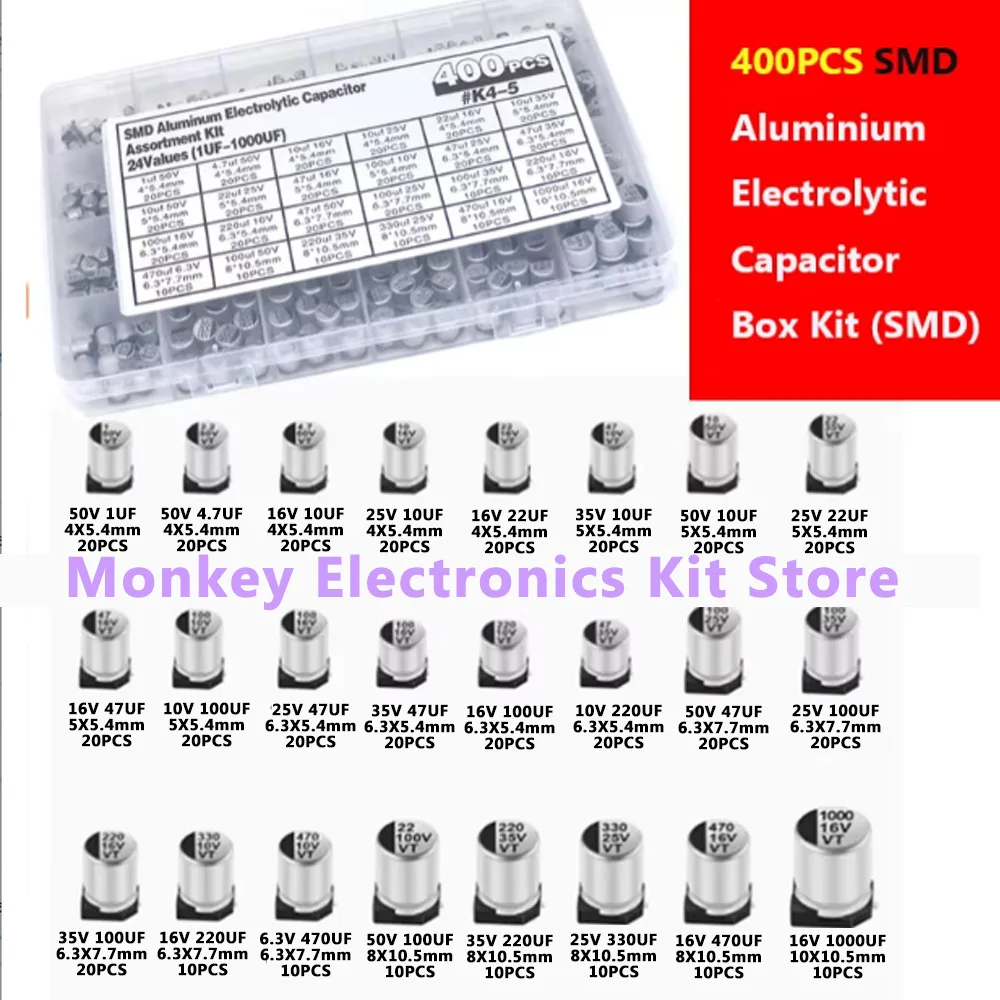 Capacitor Kit 400PCS Aluminum Electrolytic 1uF~1000uF 6.3V-50V 24Value