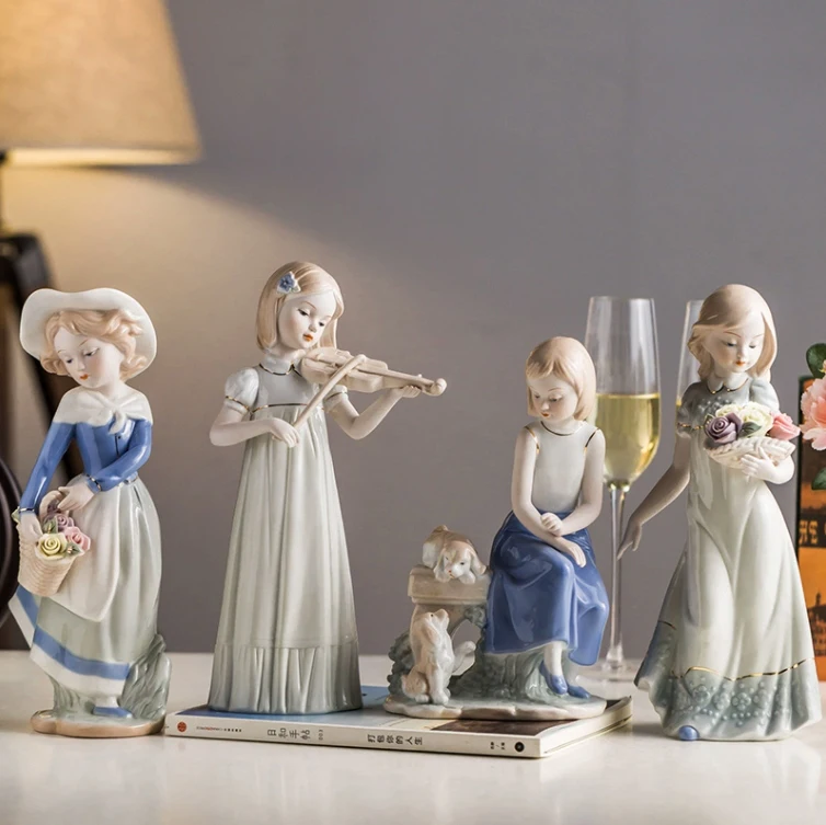 

European Cute Puppy Girl Ceramic Ornaments Home Livingroom Desktop Sculpture Decoration Coffee Table Store Accessories Crafts
