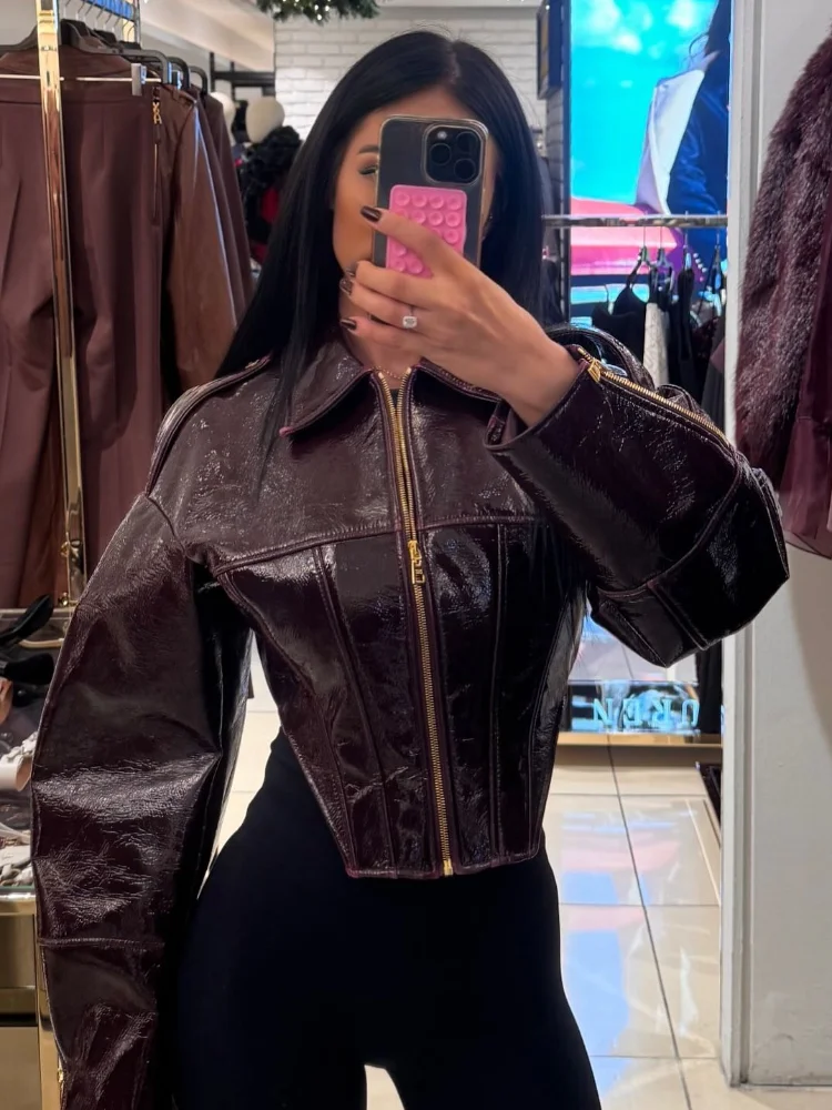 Women's Cropped Faux Leather Jacket Coat Vintage Balloon Sleeve Biker Style PU Outerwear Chic High Street 2026 Spring New Outfit